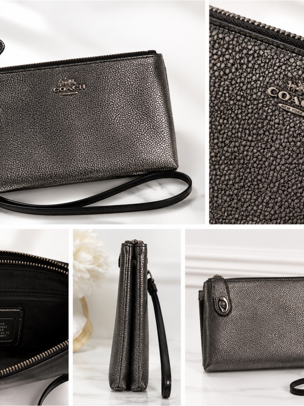 Coach Metallic Pewter Pebbled Leather Wristlet